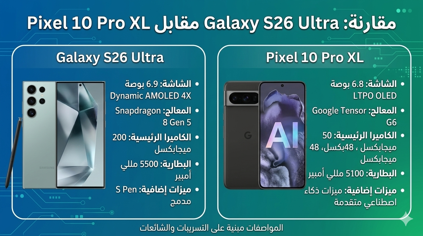 مقارنة Galaxy S26 Ultra و Pixel 10 Pro XL: ايهما الأفضل في 2026